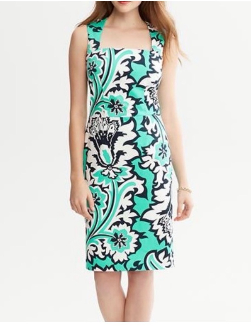 Banana Republic Milly Teal & White Floral Square Neck Sheath Dress SZ 10 Lined